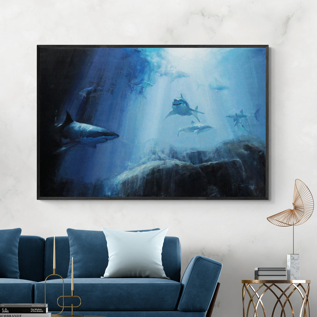 Great white shark original oil painting