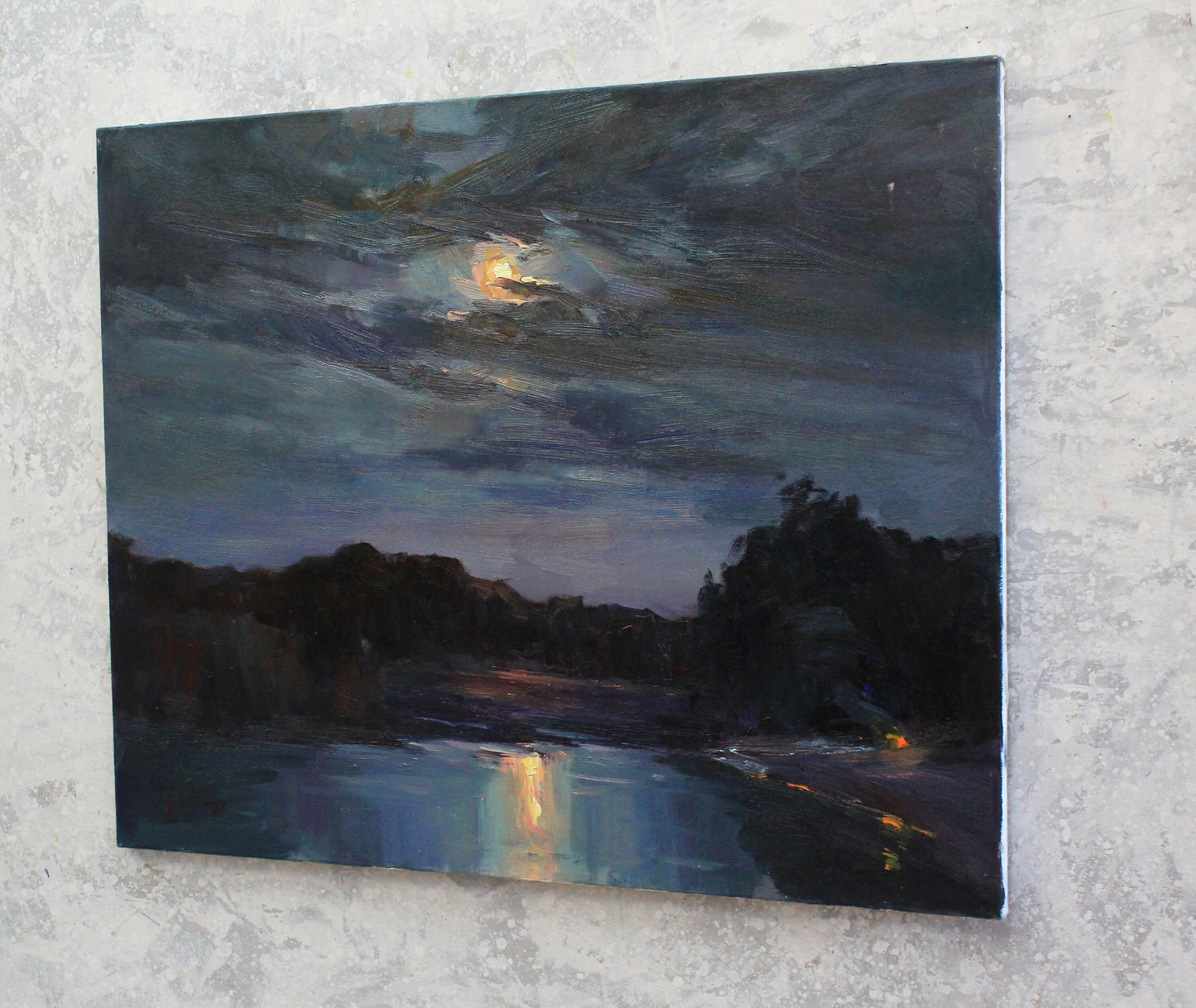 Impressionist painting, night sky, cloud art, moon painting, river art, landscape painting, fine art