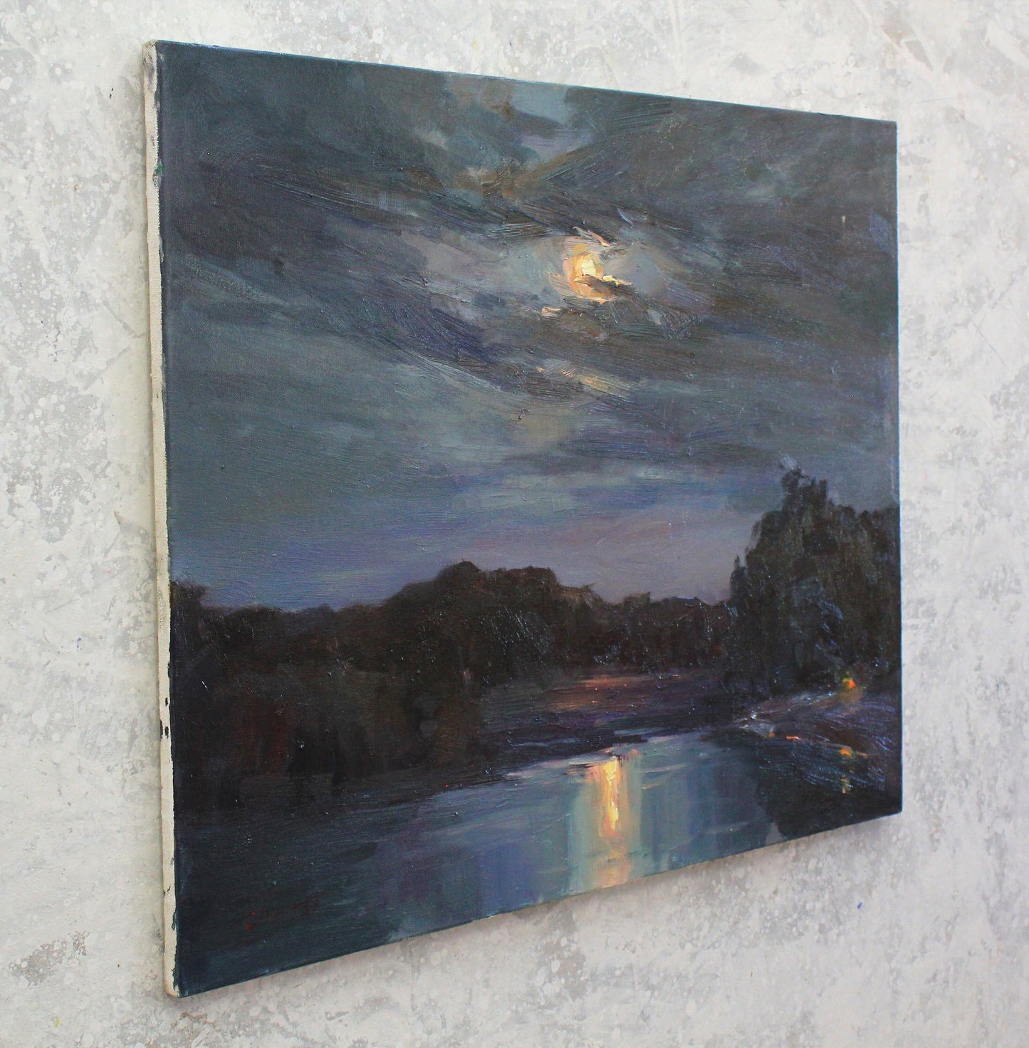 Impressionist painting, night sky, cloud art, moon painting, river art, landscape painting, fine art