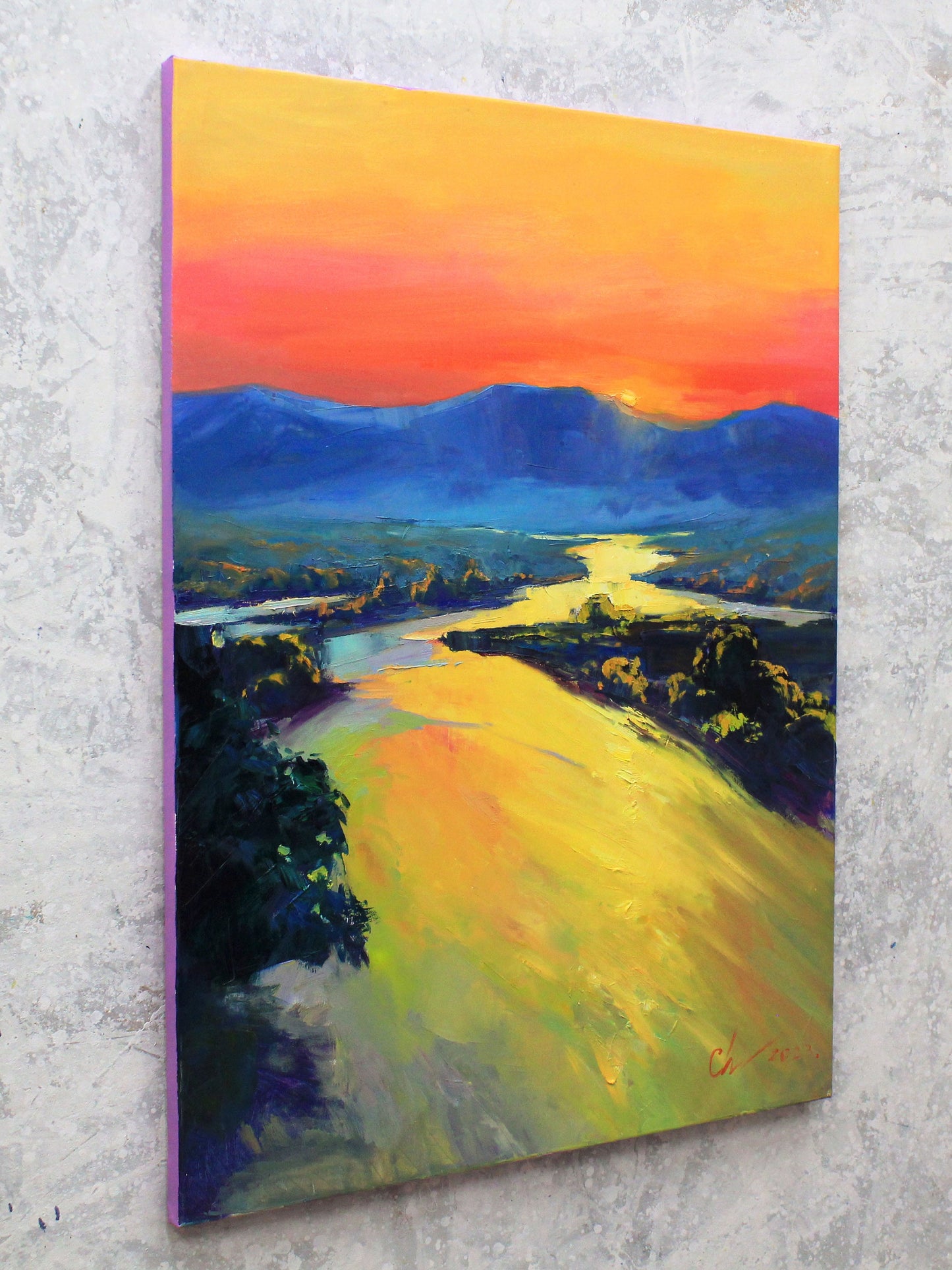 Painting on canvas original, Sunset, River art, New home gift, living room wall art, Mother gift, large landscape painting