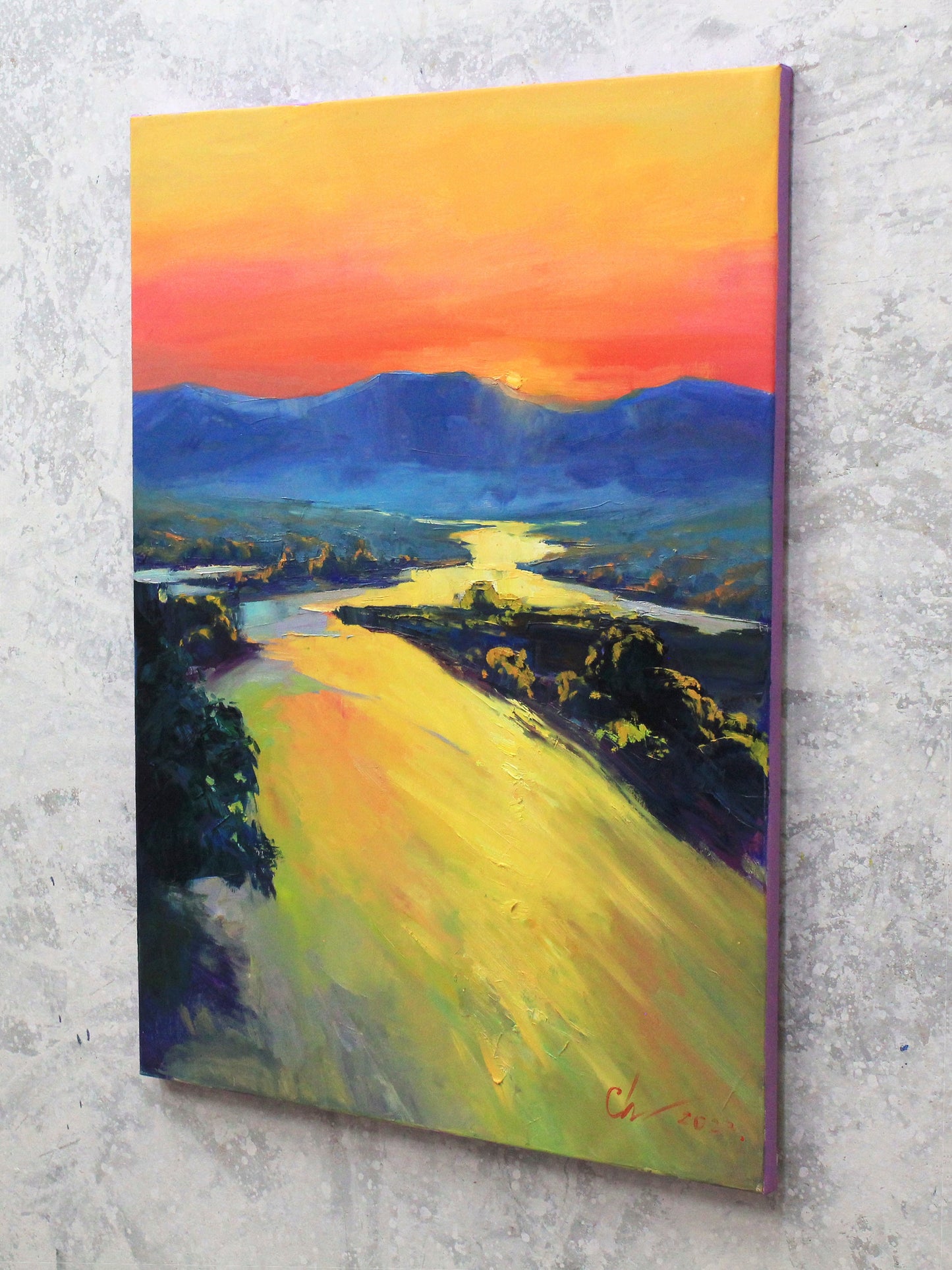 Painting on canvas original, Sunset, River art, New home gift, living room wall art, Mother gift, large landscape painting