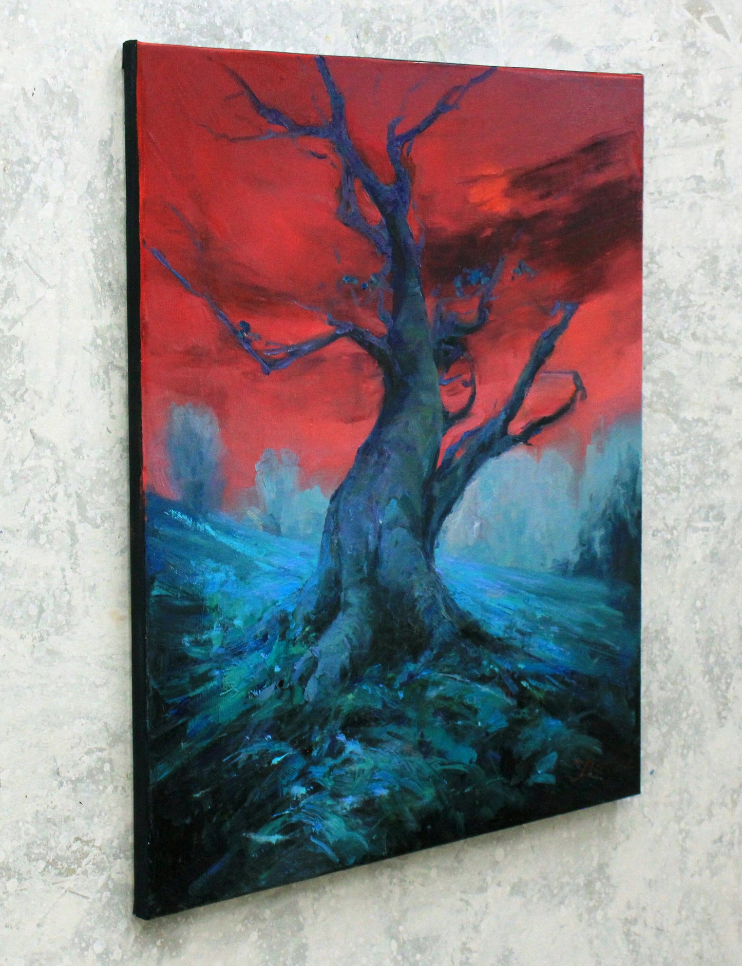 Dark forest art - Gothic Landscape, Moon oil painting original, Magical Forest, Lonely tree, night in the woods, Signed oil painting