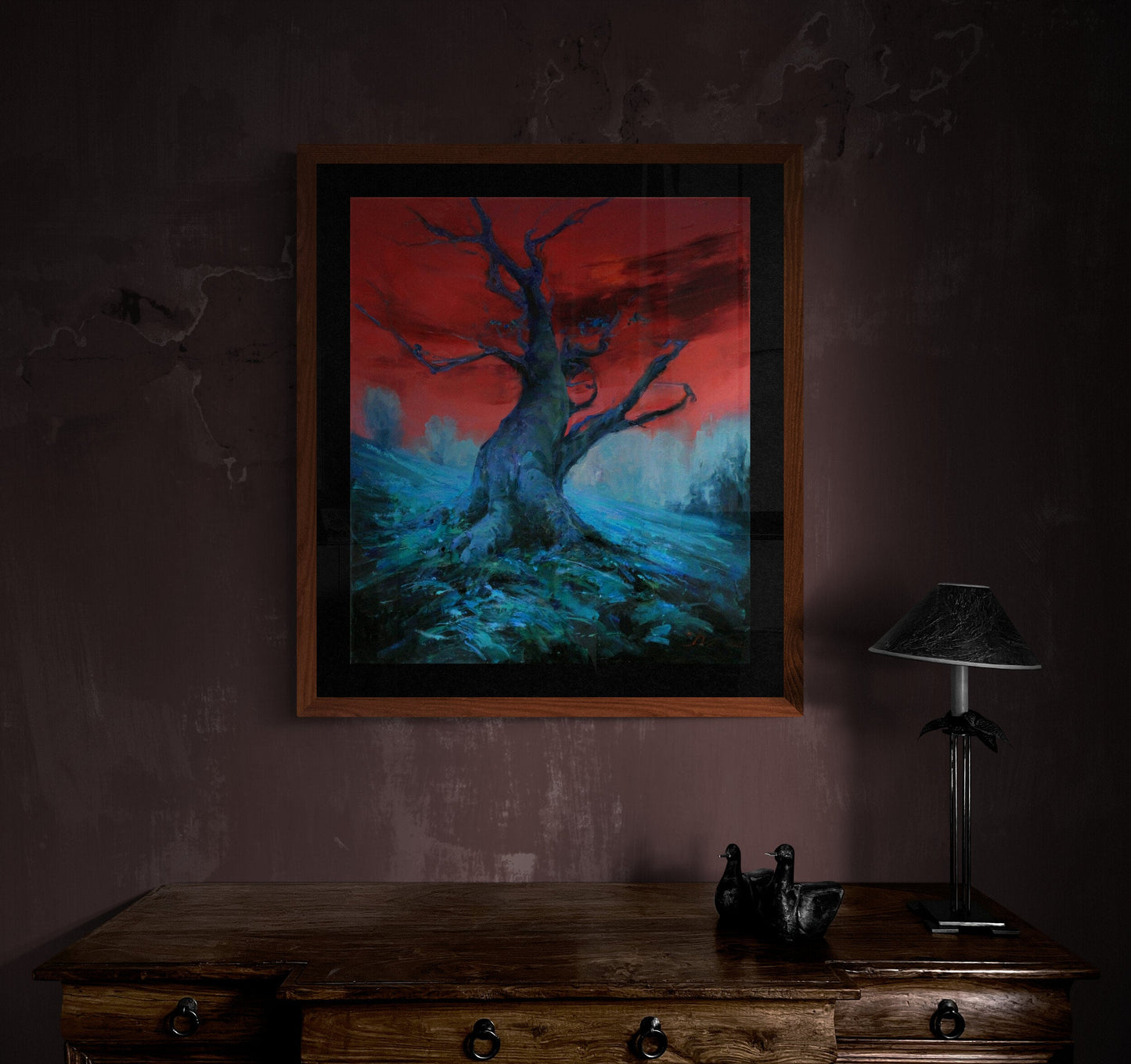 Dark forest art - Gothic Landscape, Moon oil painting original, Magical Forest, Lonely tree, night in the woods, Signed oil painting