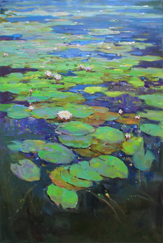 Impasto white water lilies Original Oil painting Lily Monet art White flower Blue water Lily pads Claude Monet style