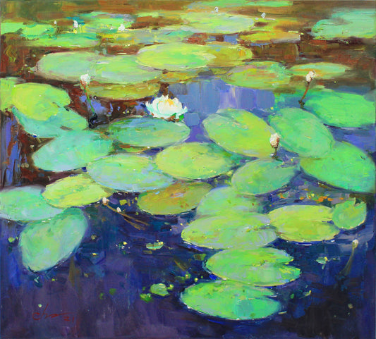 Impasto white water lilies Original Oil painting Lily Monet art White flower Blue water Lily pads Claude Monet style
