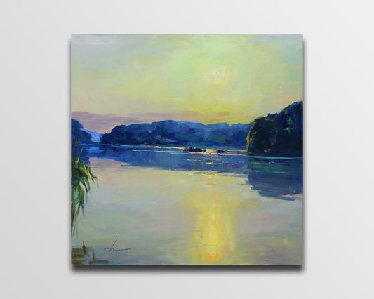 Canvas wall art painting, sunset painting, lake in the evening, lake art, large landscape painting, river artwork, new home gift wife